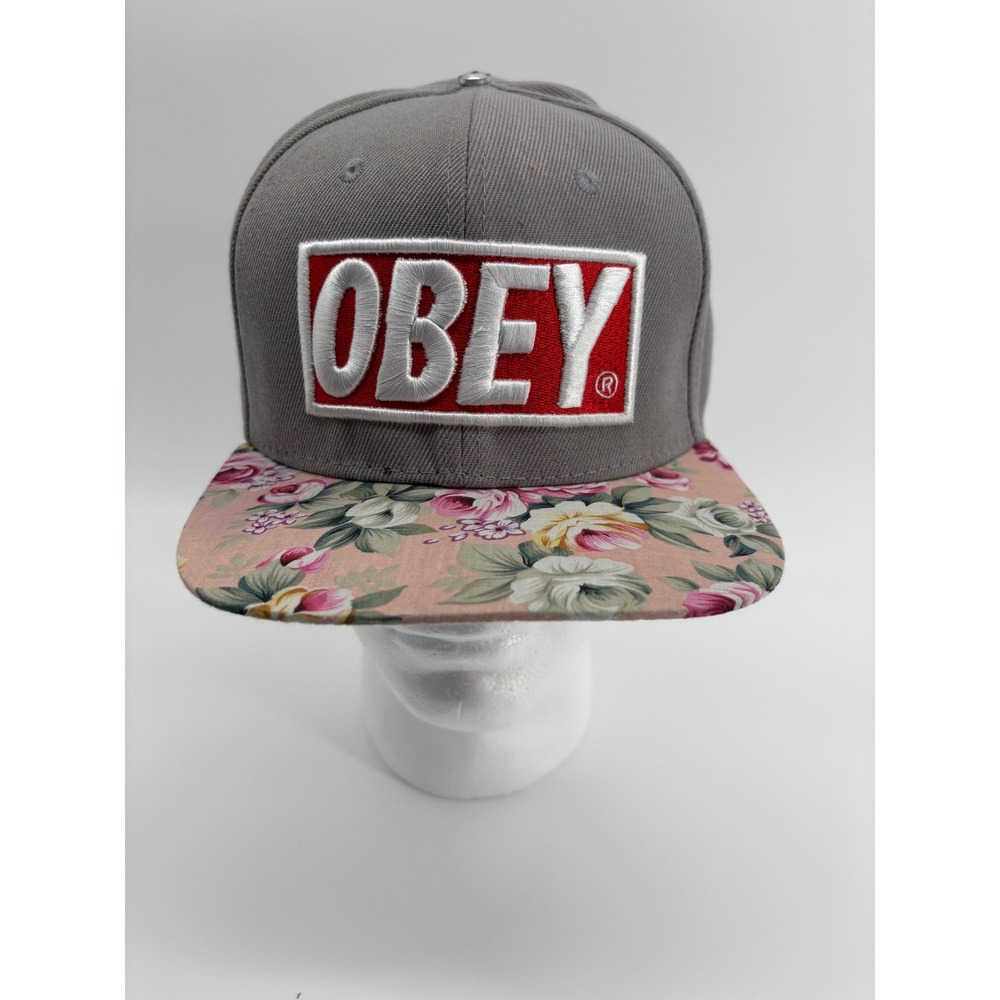 Obey Snapback Hat Grey Pink Floral Brim Embroidered Logo Streetwear Cap OSFA